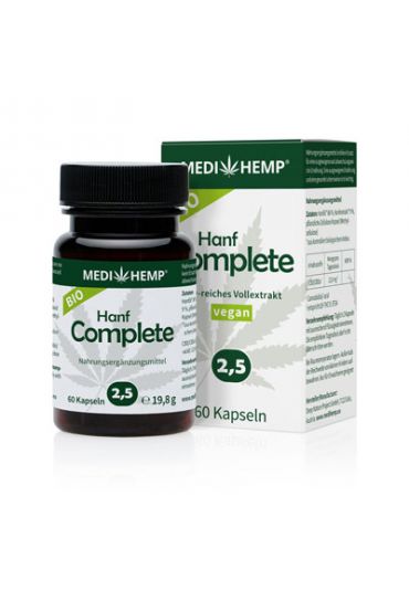 Medihemp Bio Hemp Complete Capsules 2.5%, 60 pieces in green bottle in front. Behind it can be found the box of food supplement with white background
