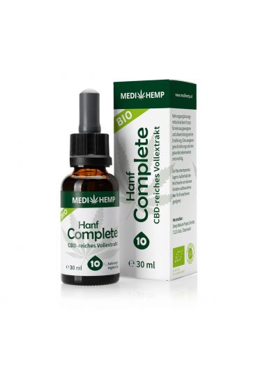 MEDIHEMP Bio Hanf Complete 10%, 30ml, braune Flasche neben weiß/grüner Überverpackung auf weißen Hintergrund