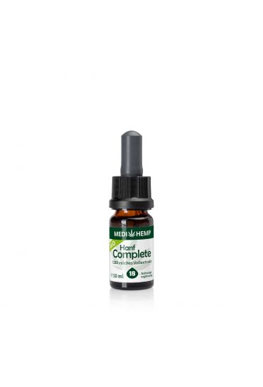 MEDIHEMP Bio Hanf Complete 18%, 10ml, braune Flasche neben weiß/grüner Überverpackung auf weißen Hintergrund