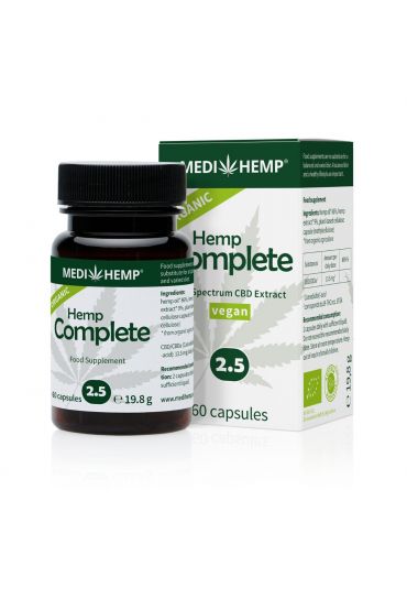 Medihemp Bio Hemp Complete Capsules 2.5%, 60 pieces in green bottle in front. Behind it can be found the box of food supplement with white background
