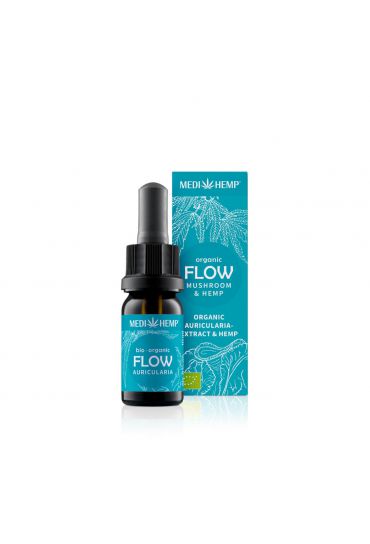 MEDIHEMP Flow Auricularia Extract & Hemp, 10ml, brown bottle with aqua blue label next to aqua blue box