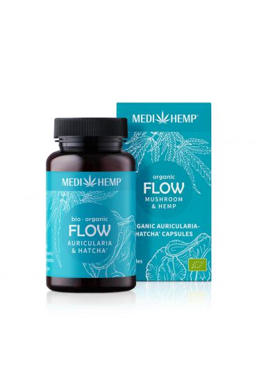 MEDIHEMP Flow Auricularia Hatcha capsules, 120 pcs., brown tin with aqua-blue label next to aqua blue box