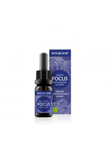 MEDIHEMP Focus Hericium Extract & Hemp, 10ml, brown bottle with dark blue label next to dark blue box