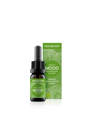 MEDIHEMP Mood Reishi Extract & Hemp, 10ml, brown bottle with grass green label next to grass green box