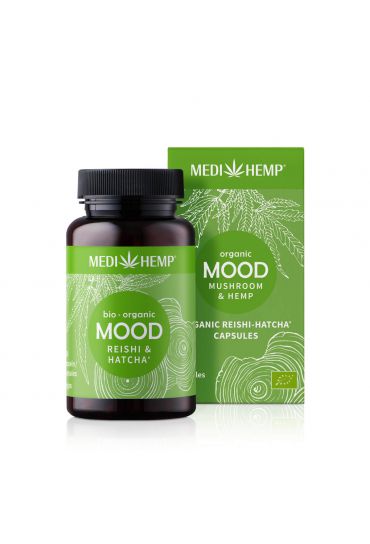 MEDIHEMP Mood Reishi-Hatcha capsules, 120 pcs., brown tin with grass-green label next to grass-green box