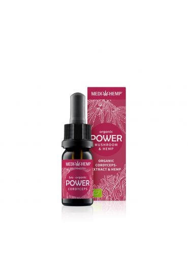 MEDIHEMP Power Cordyceps militaris extract & hemp, 10ml brown bottle with raspberry coloured label next to raspberry box