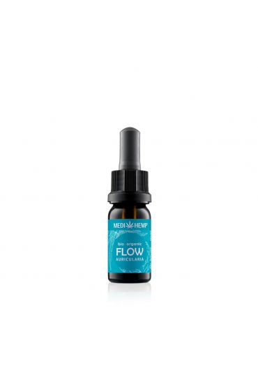 MEDIHEMP Flow Auricularia Extract & Hemp, 10ml, flacon brun avec étiquette bleu aqua à côté de la boîte bleu aqua