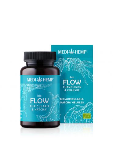 MEDIHEMP Flow Auricularia Hatcha gélules, 120 pièces, boîte marron avec étiquette bleu aqua à côté de la boîte bleu aqua