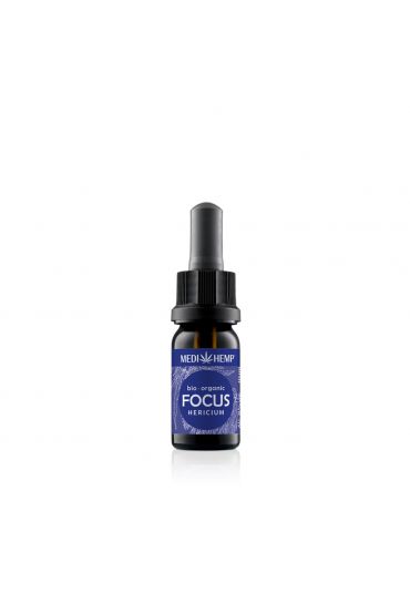 MEDIHEMP Focus Hericium Extract & Hemp, 10ml, flacon brun avec étiquette bleu foncé à côté de la boîte bleu foncé