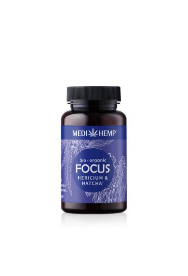 MEDIHEMP Focus Hericium-Hatcha Kapseln, 120 Stk., braune Dose mit dunkelblauen Etikett