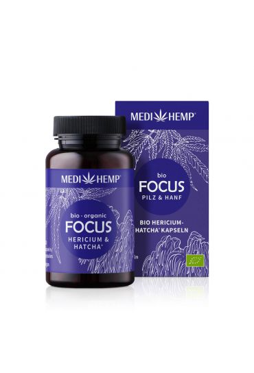 MEDIHEMP Focus Hericium-Hatcha Kapseln, 120 Stk., braune Dose mit dunkelblauen Etikett