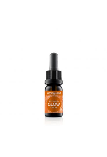 MEDIHEMP Glow Extrait de Chaga et chanvre, 10ml, flacon brun avec étiquette orange à côté de la boîte orange