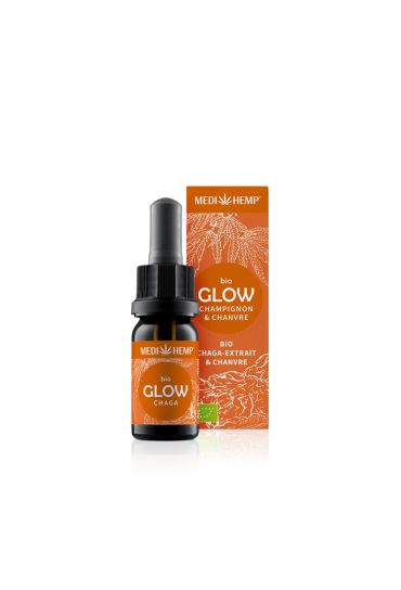 MEDIHEMP Glow Extrait de Chaga et chanvre, 10ml, flacon brun avec étiquette orange à côté de la boîte orange