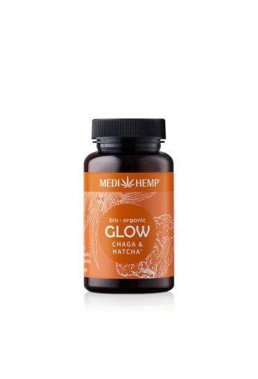 MEDIHEMP Glow Chaga-Hatcha capsules, 120 pcs, boîte marron avec étiquette orange à côté de la boîte orange