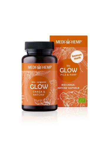 MEDIHEMP Glow Chaga-Hatcha Kapseln, 120 Stk., braune Dose mit orangen Etikett