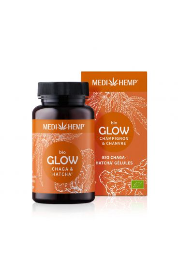 MEDIHEMP Glow Chaga-Hatcha capsules, 120 pcs, boîte marron avec étiquette orange à côté de la boîte orange