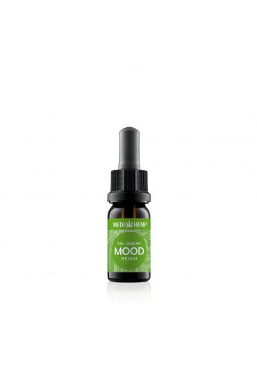 MEDIHEMP Extrait de Reishi d'humeur et chanvre, 10ml, flacon marron avec étiquette vert gazon à côté de la boîte vert gazon