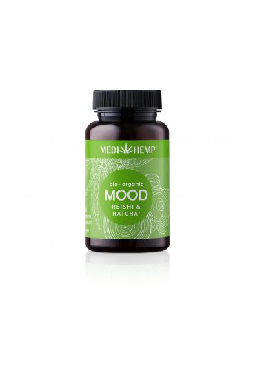 MEDIHEMP Mood Reishi-Hatcha Kapseln, 120 Stk., braune Dose mit grassgrünem Etikett