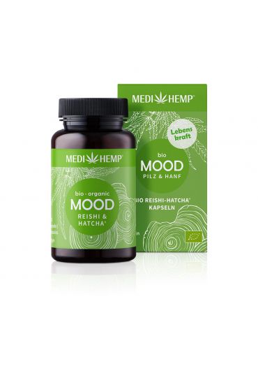 MEDIHEMP Mood Reishi-Hatcha Kapseln, 120 Stk., braune Dose mit grassgrünem Etikett