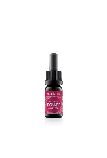 MEDIHEMP Power Cordyceps militaris extract & hemp, 10ml brown bottle with raspberry coloured label next to raspberry box