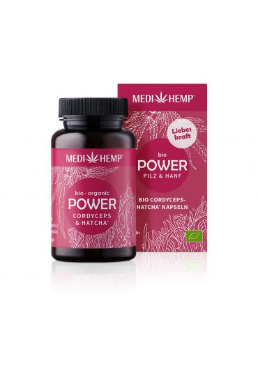 MEDIHEMP Power Cordyceps-militaris-Hatcha Kapseln, 120 Stk, braune Dose mit himbeerfarbenen Etikett