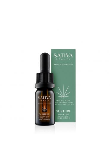 SATIVA BEAUTY NURTURE Facial Oil, 10ml, braune Flasche mit weißen Motiv auf dunklen Hintergrund